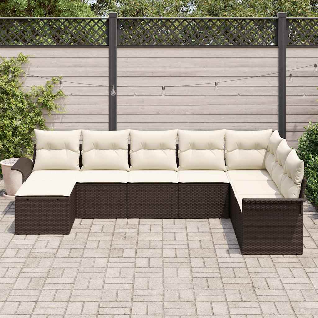 Conjunto de Sofá de Jardim com almofada 8 pcs Castanho vime PE