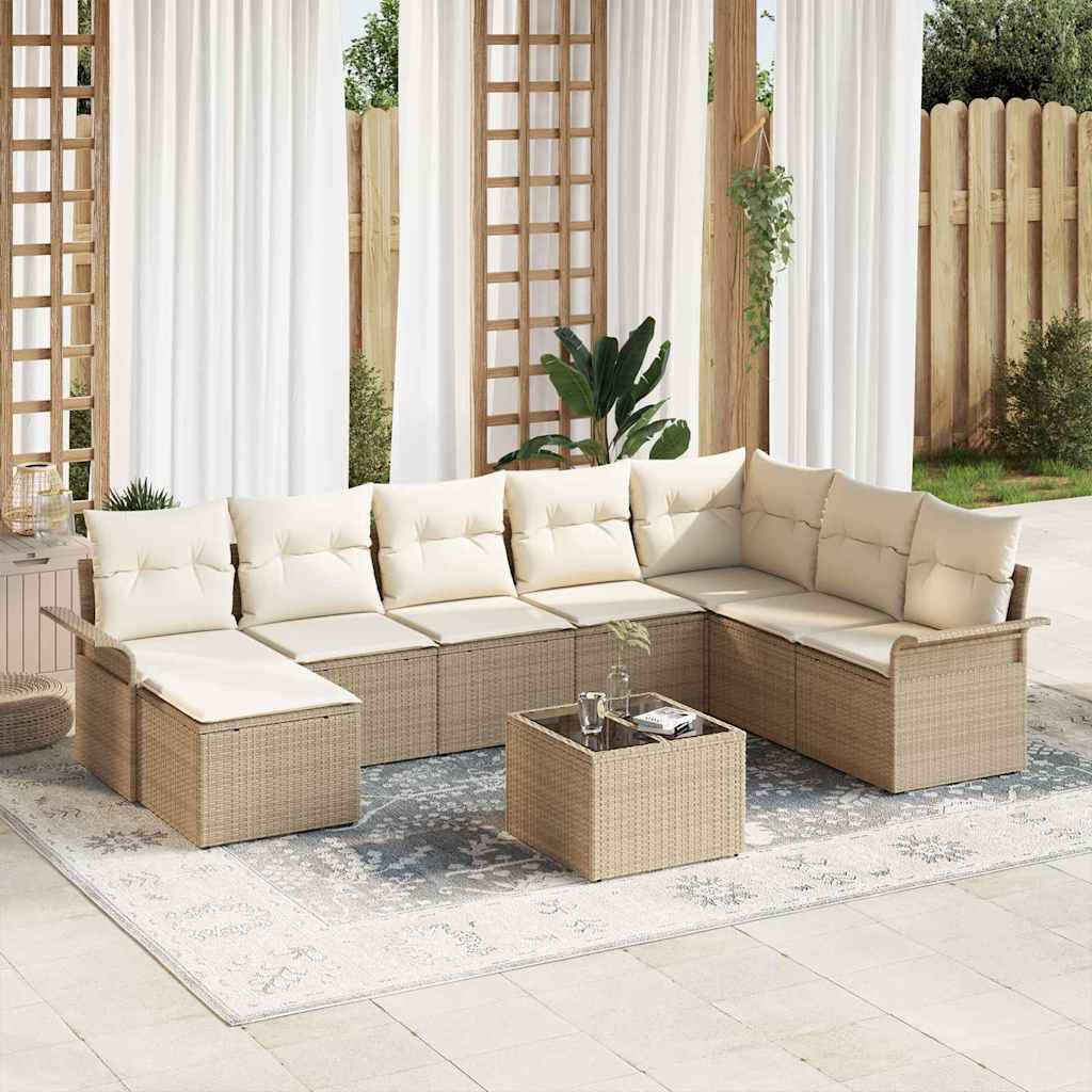 Conjunto de Sofá de Jardim com almofada 9 pcs Bege vime PE
