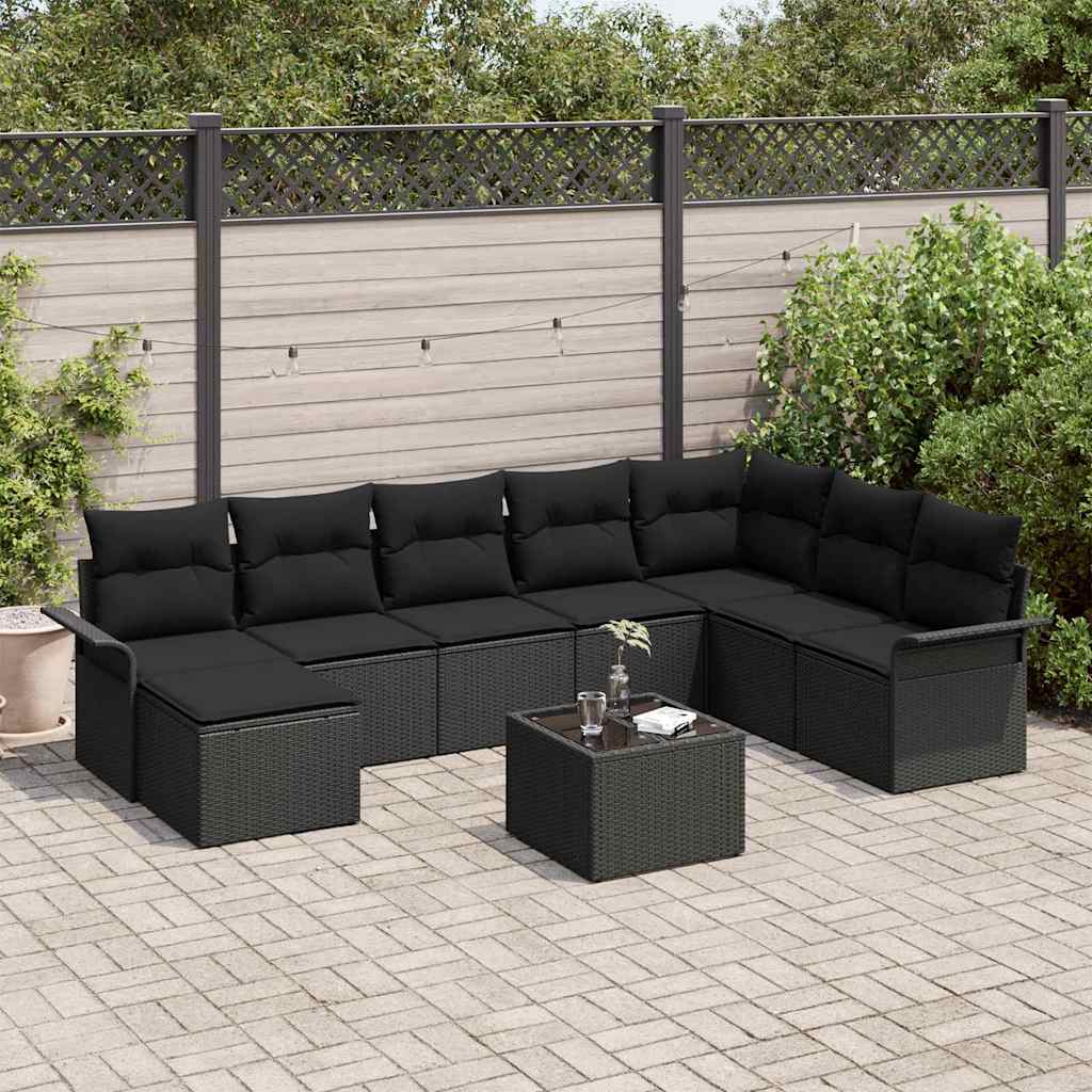 Conjunto de Sofá de Jardim com almofada 9 pcs Preto vime PE