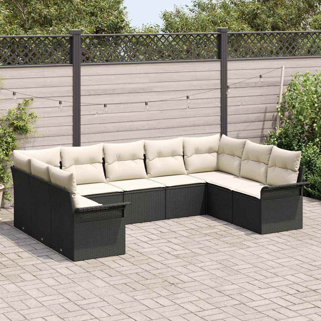 Conjunto de Sofá de Jardim com almofada 9 pcs Preto vime PE