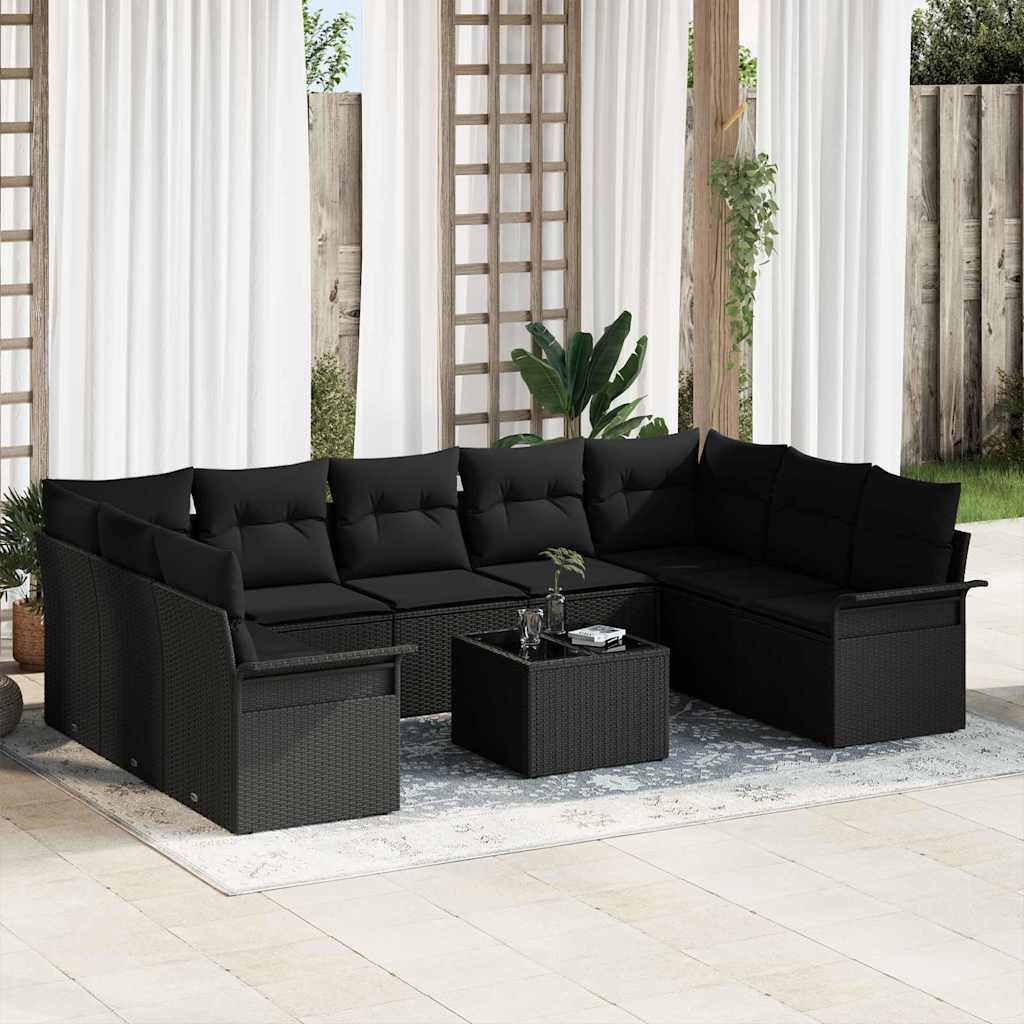 Conjunto de Sofá de Jardim com almofada 10 pcs Preto vime PE