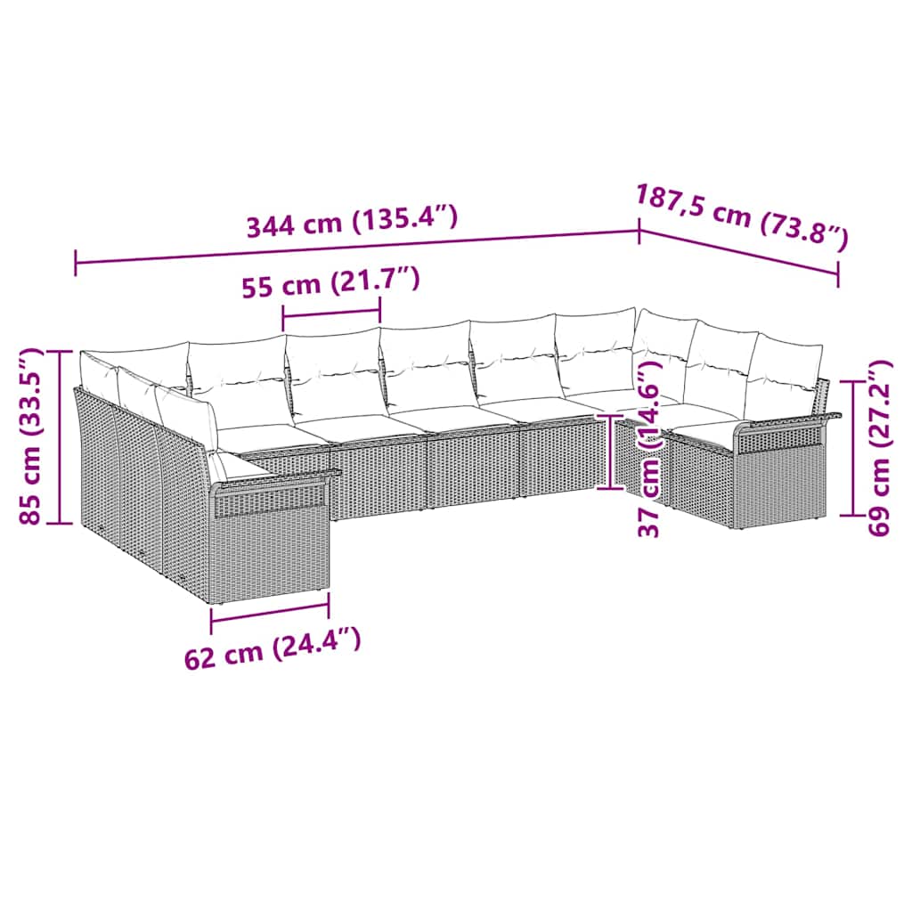 Conjunto de Sofá de Jardim com almofada 10 pcs Bege vime PE