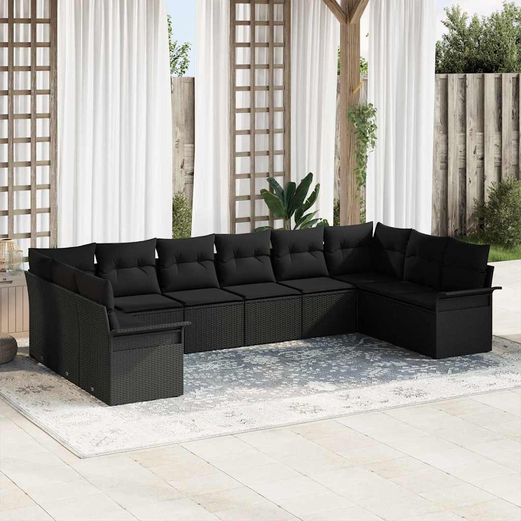 Conjunto de Sofá de Jardim com almofada 10 pcs Preto vime PE