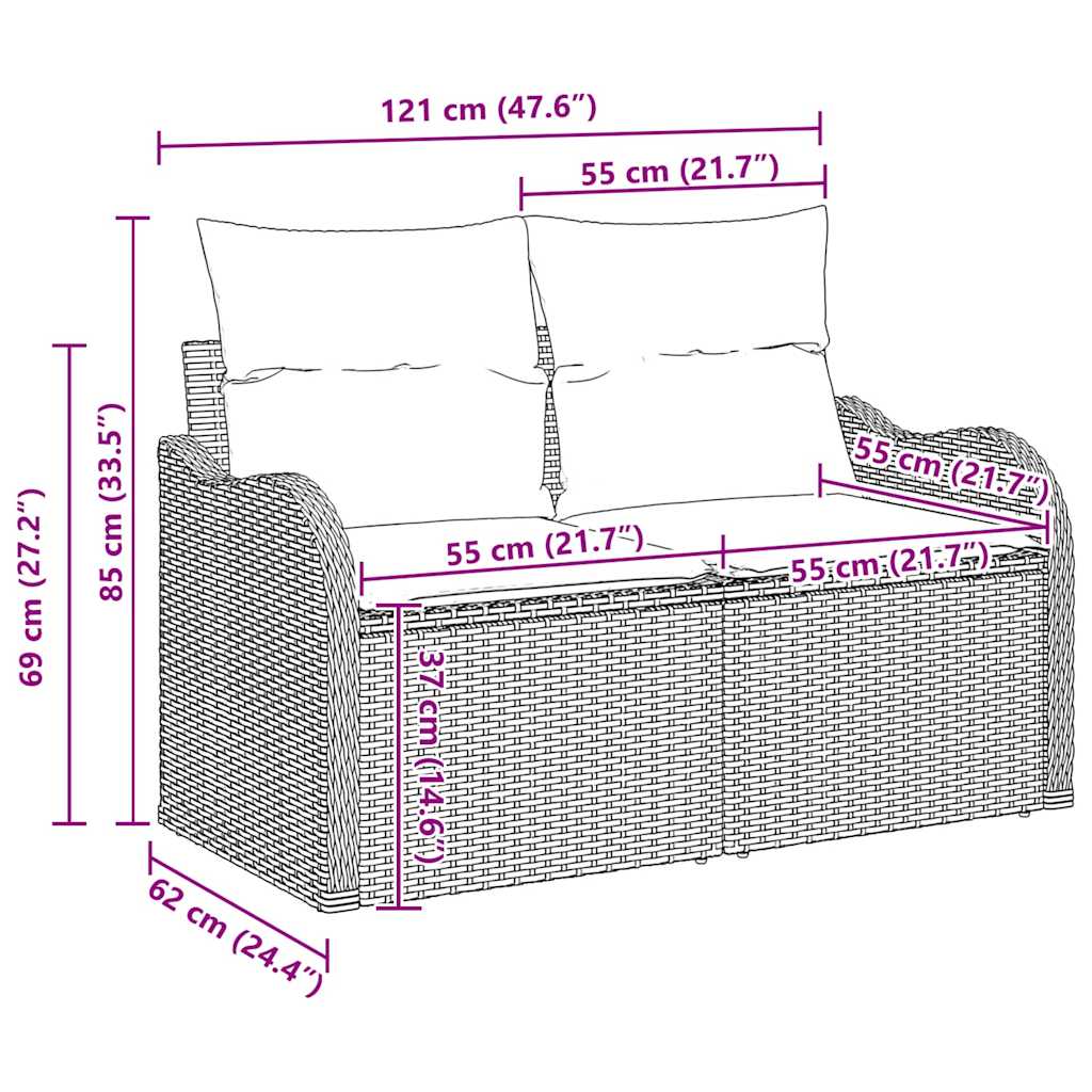 Conjunto de Sofá de Jardim com almofada 3 pcs Preto vime PE