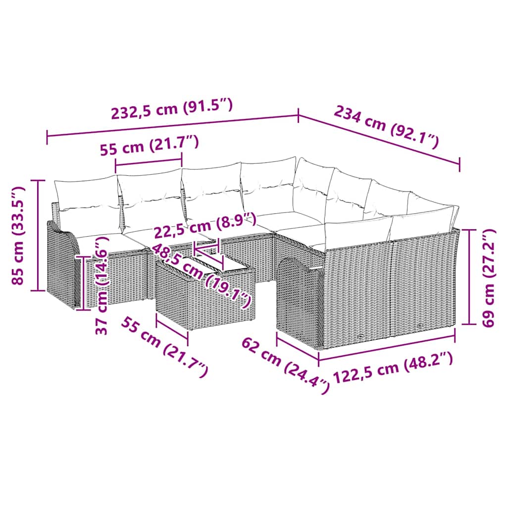 Conjunto de Sofá de Jardim com almofada 9 pcs Castanho vime PE