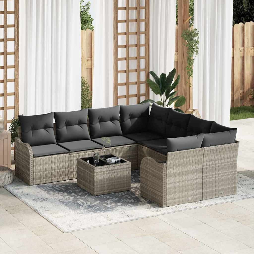 Conjunto de Sofá de Jardim Manual 9 pcs Cinzento-claro vime PE
