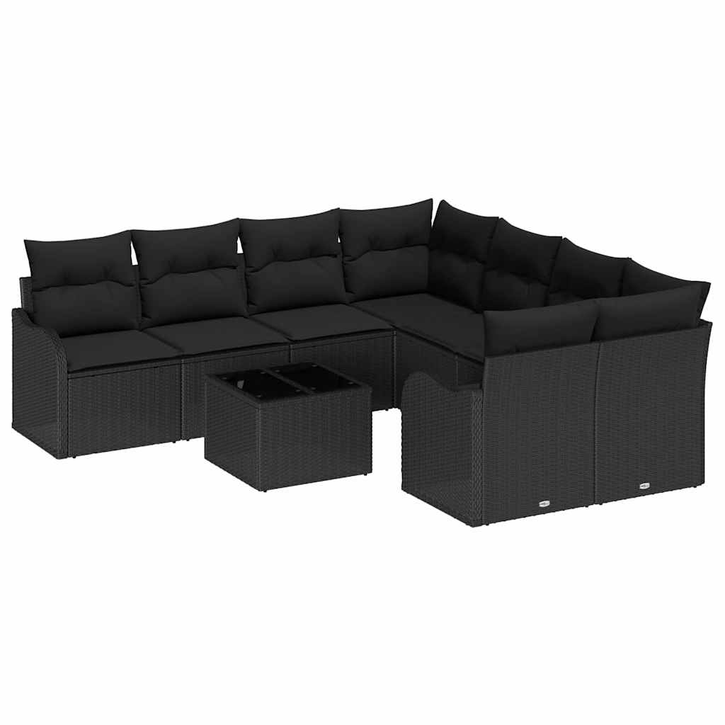 Conjunto de Sofá de Jardim com almofada 9 pcs Preto vime PE