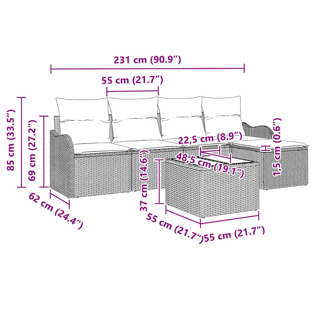 Conjunto de Sofá de Jardim 6 pcs Cinzeto vime PE