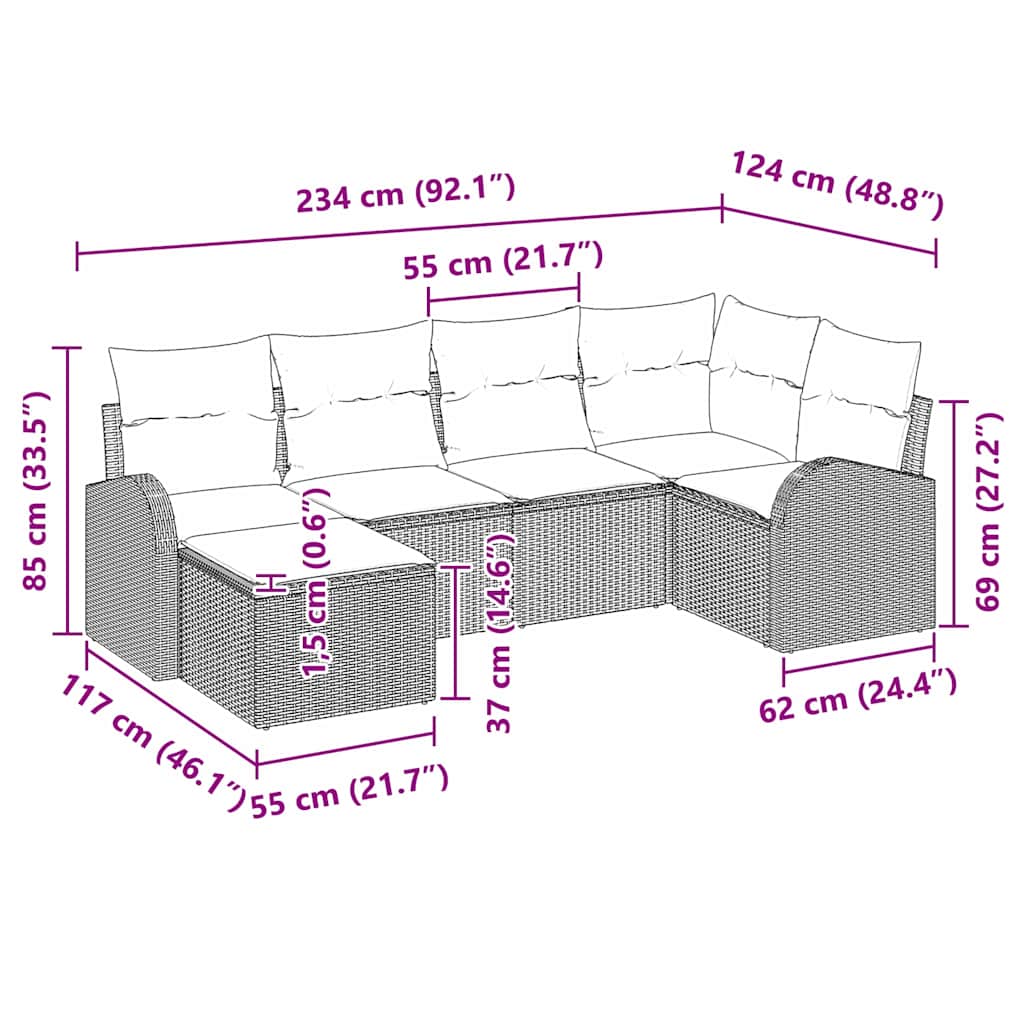Conjunto de Sofá de Jardim 6 pcs Cinzeto vime PE