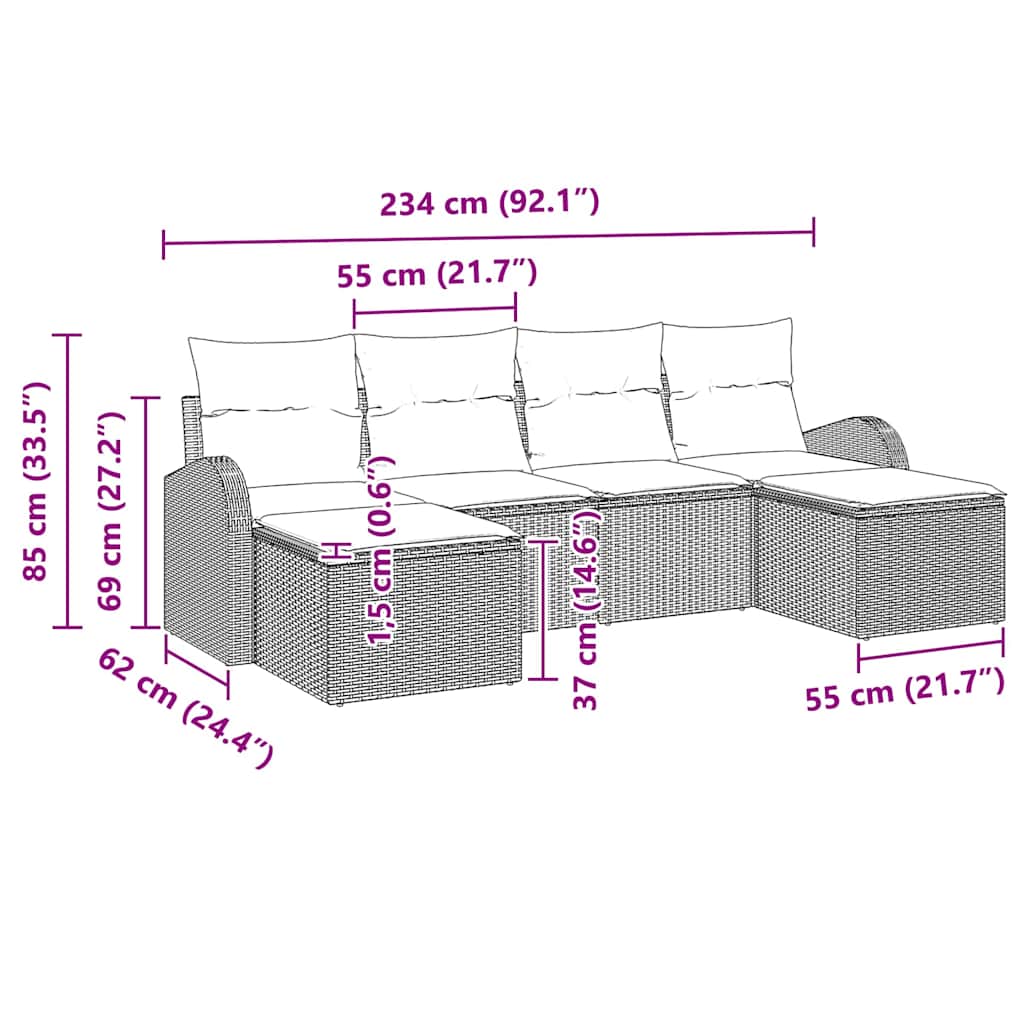 Conjunto de Sofá de Jardim 6 pcs Bege Rattan de Polipropileno