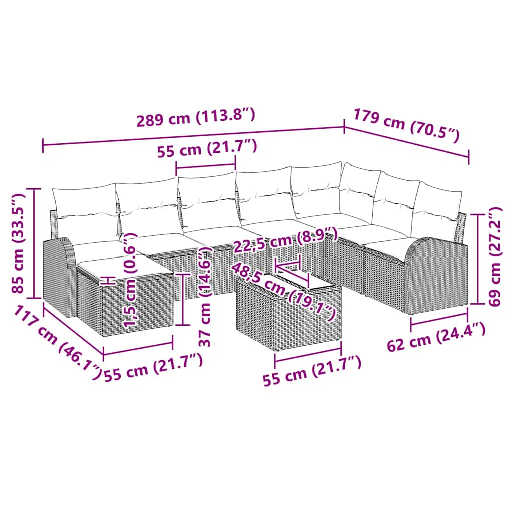 Conjunto de Sofá de Jardim com almofada 9 pcs Cinzento-claro