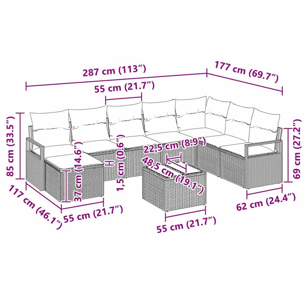 Conjunto de Sofá de Jardim 9 pcs Cinzeto Rattan Sintético