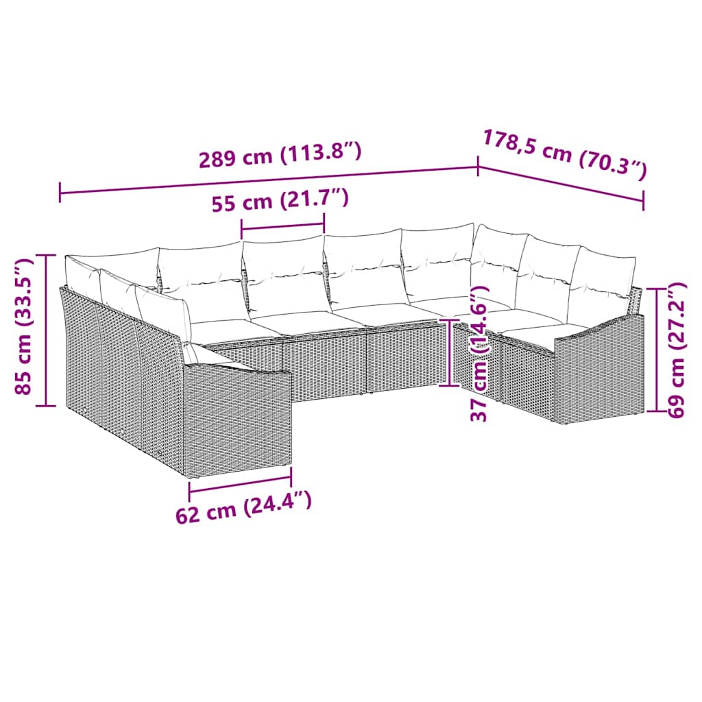 Conjunto de Sofá de Jardim 9 pcs Cinzeto Rattan Sintético