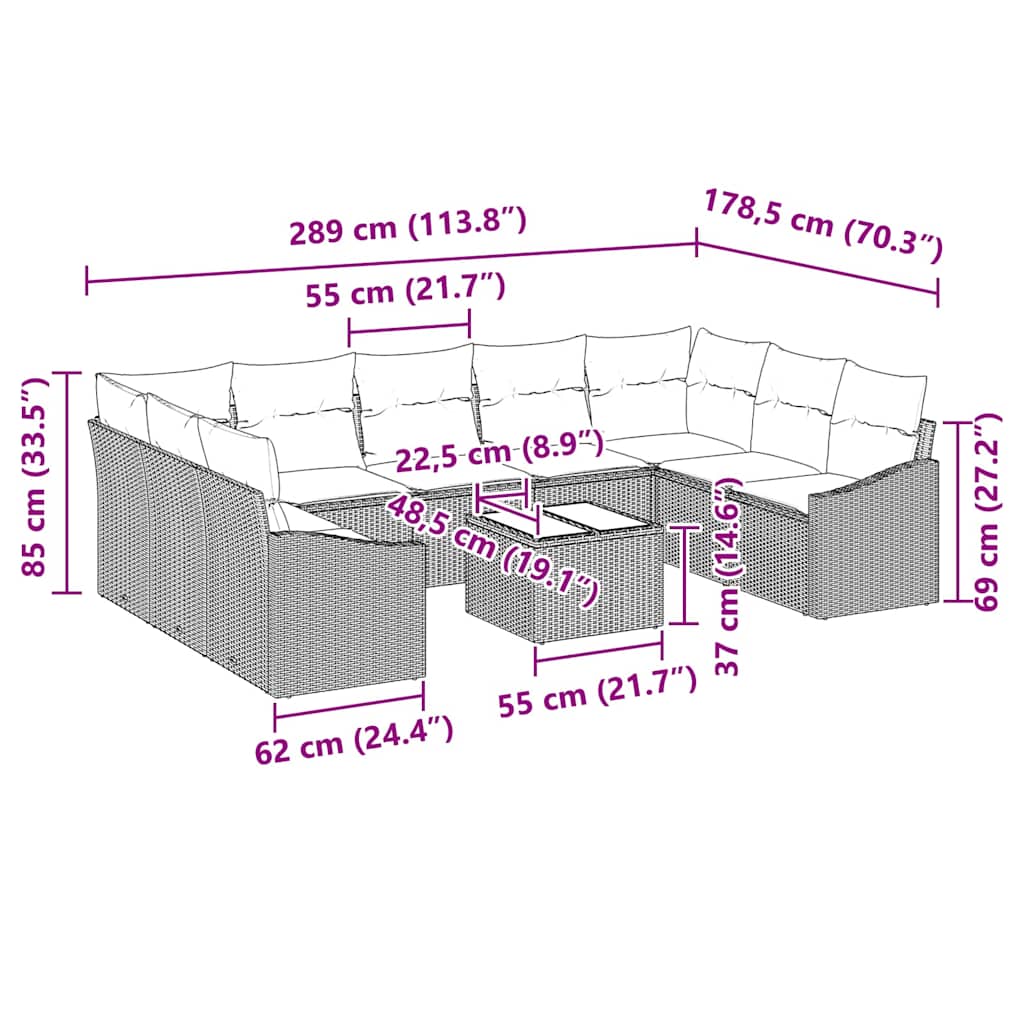 Conjunto de Sofá de Jardim 10 pcs Cinzeto Rattan Sintético
