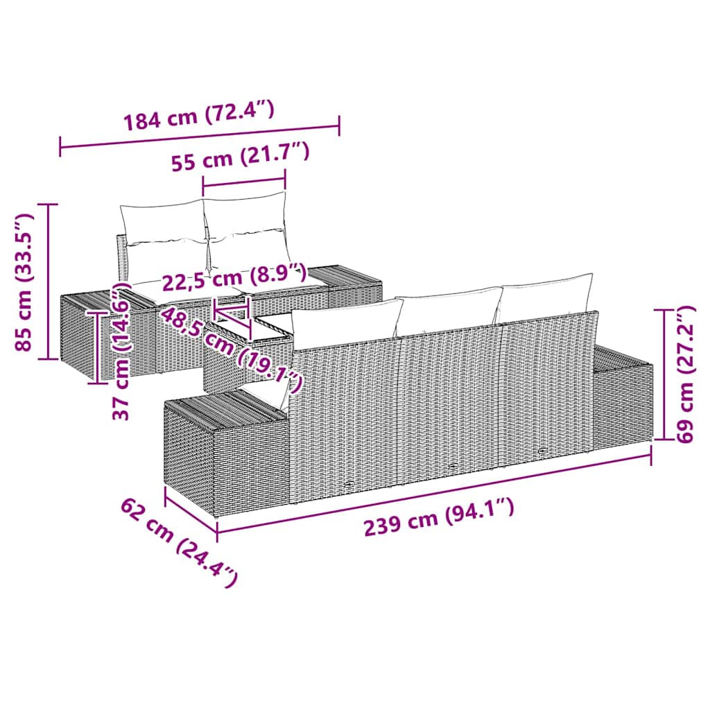 Conjunto de Sofá de Jardim com almofada 6 pcs Castanho vime PE