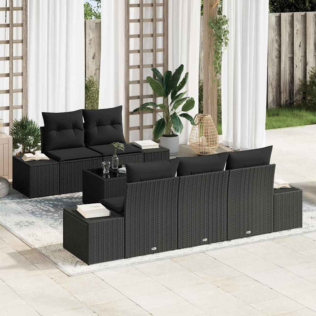 Conjunto de Sofá de Jardim com almofada 6 pcs Preto vime PE