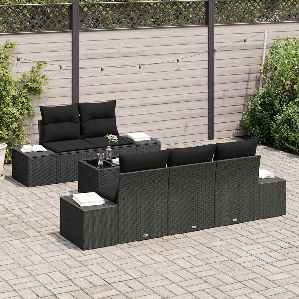 Conjunto de Sofá de Jardim com almofada 6 pcs Preto vime PE