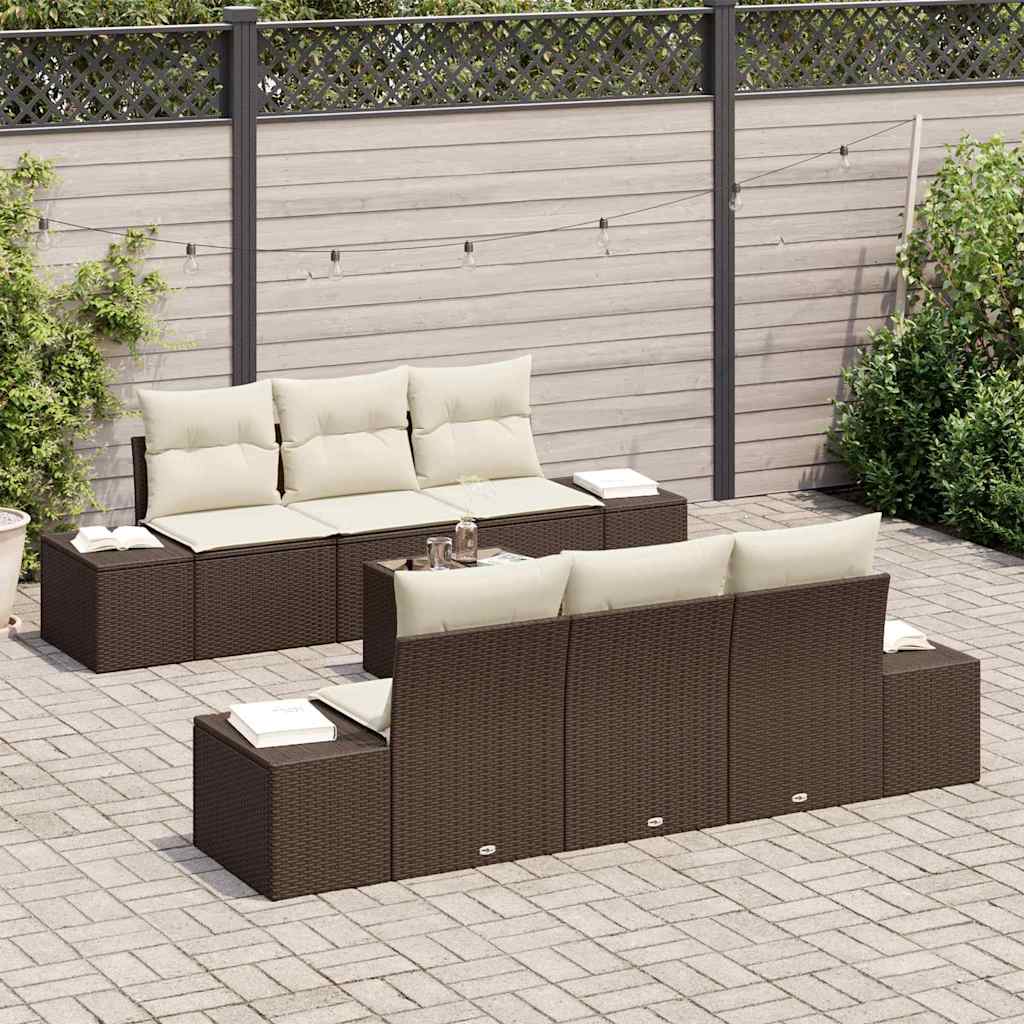 Conjunto de Sofá de Jardim com almofada 7 pcs Castanho vime PE