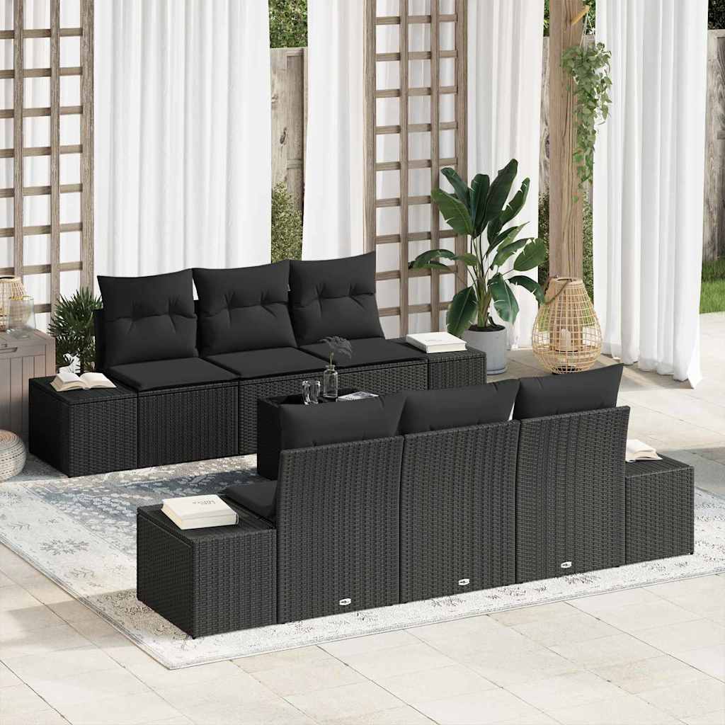Conjunto de Sofá de Jardim com almofada 7 pcs Preto vime PE