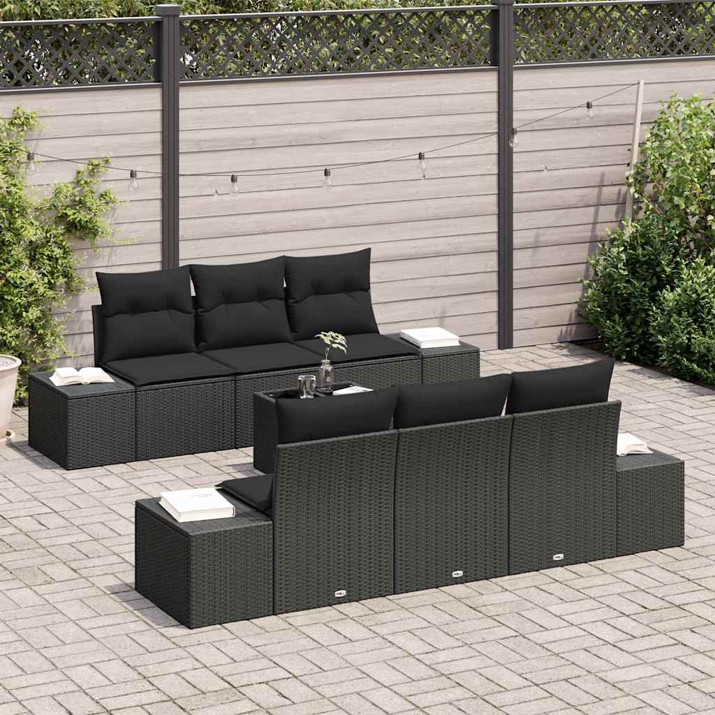 Conjunto de Sofá de Jardim com almofada 7 pcs Preto vime PE