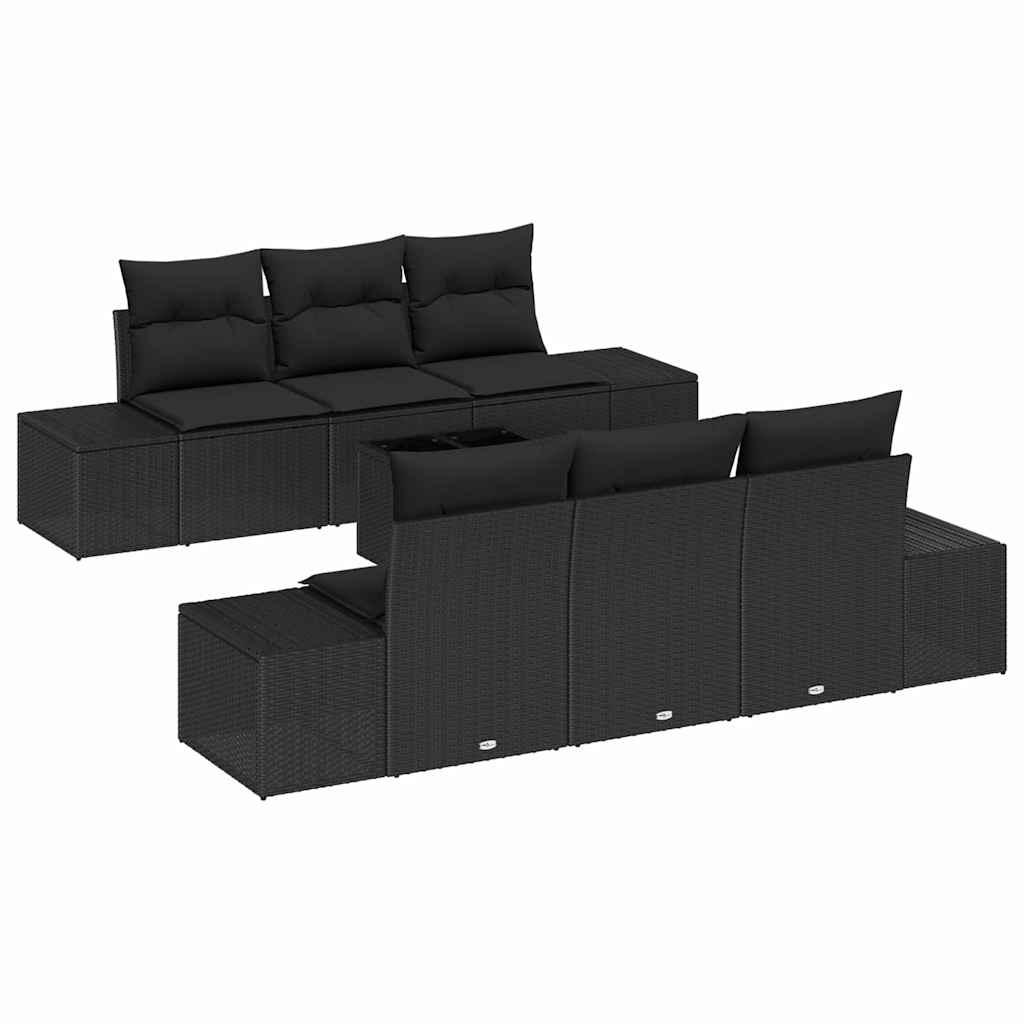 Conjunto de Sofá de Jardim com almofada 7 pcs Preto vime PE
