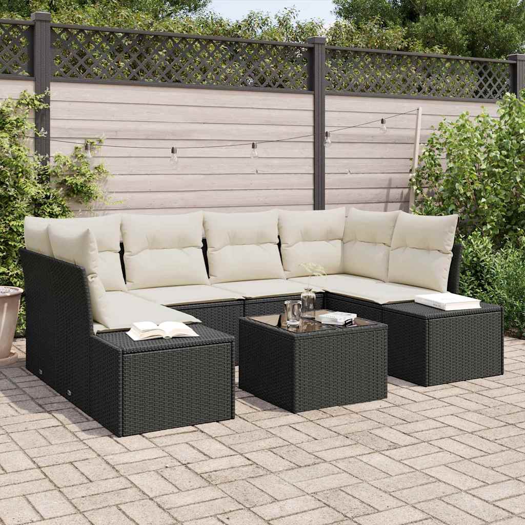 Conjunto de Sofá de Jardim com almofada 7 pcs Preto vime PE