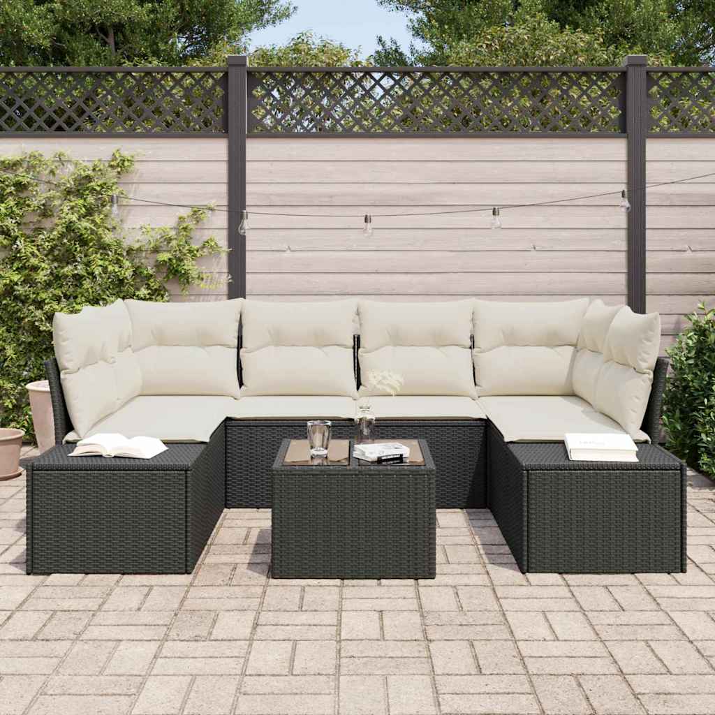 Conjunto de Sofá de Jardim com almofada 7 pcs Preto vime PE