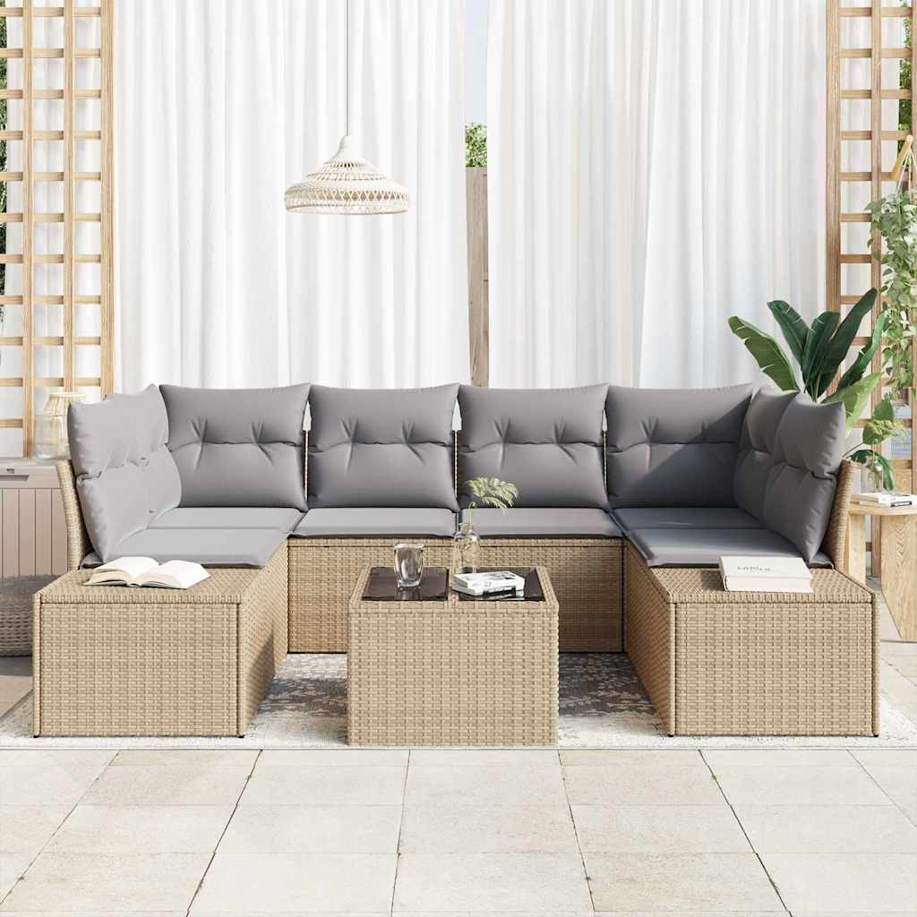 Conjunto de Sofá de Jardim com almofada 7 pcs Bege vime PE