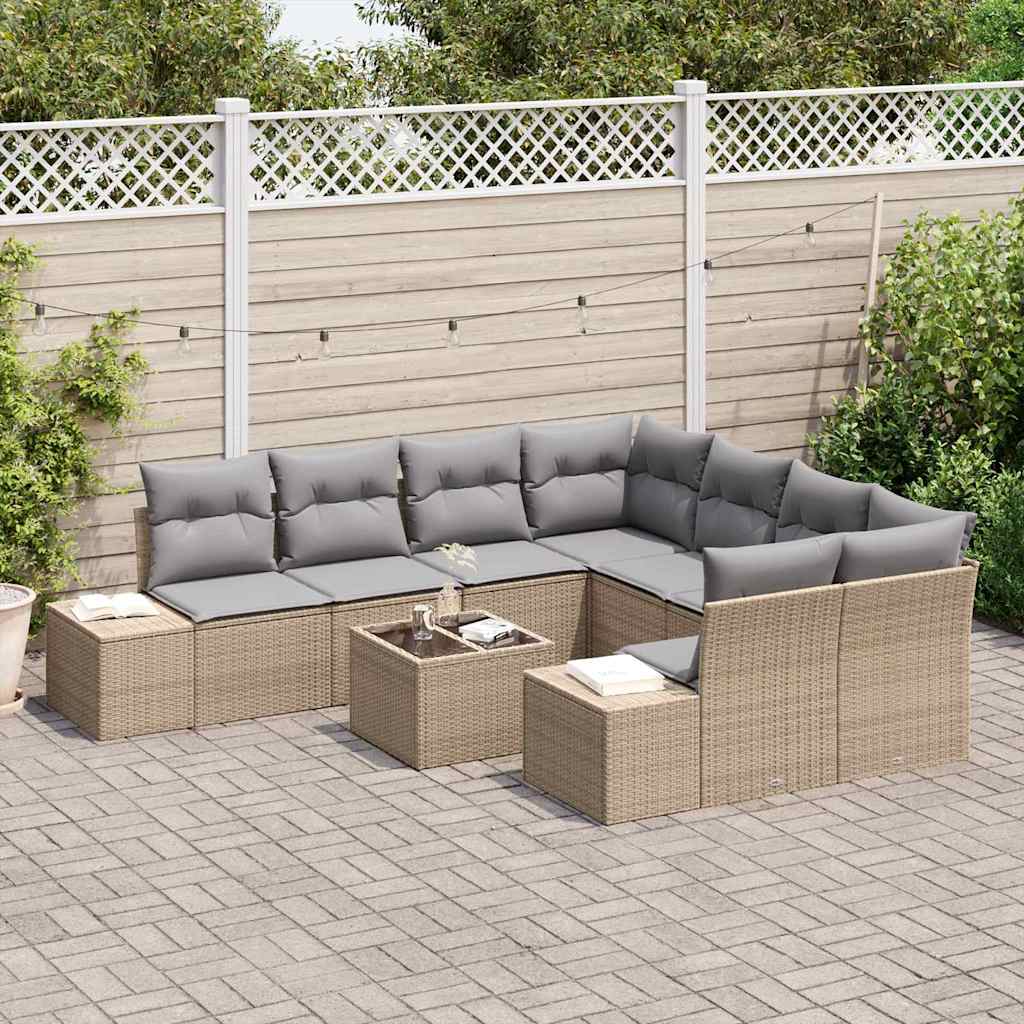 Conjunto de Sofá de Jardim com almofada 9 pcs Bege vime PE