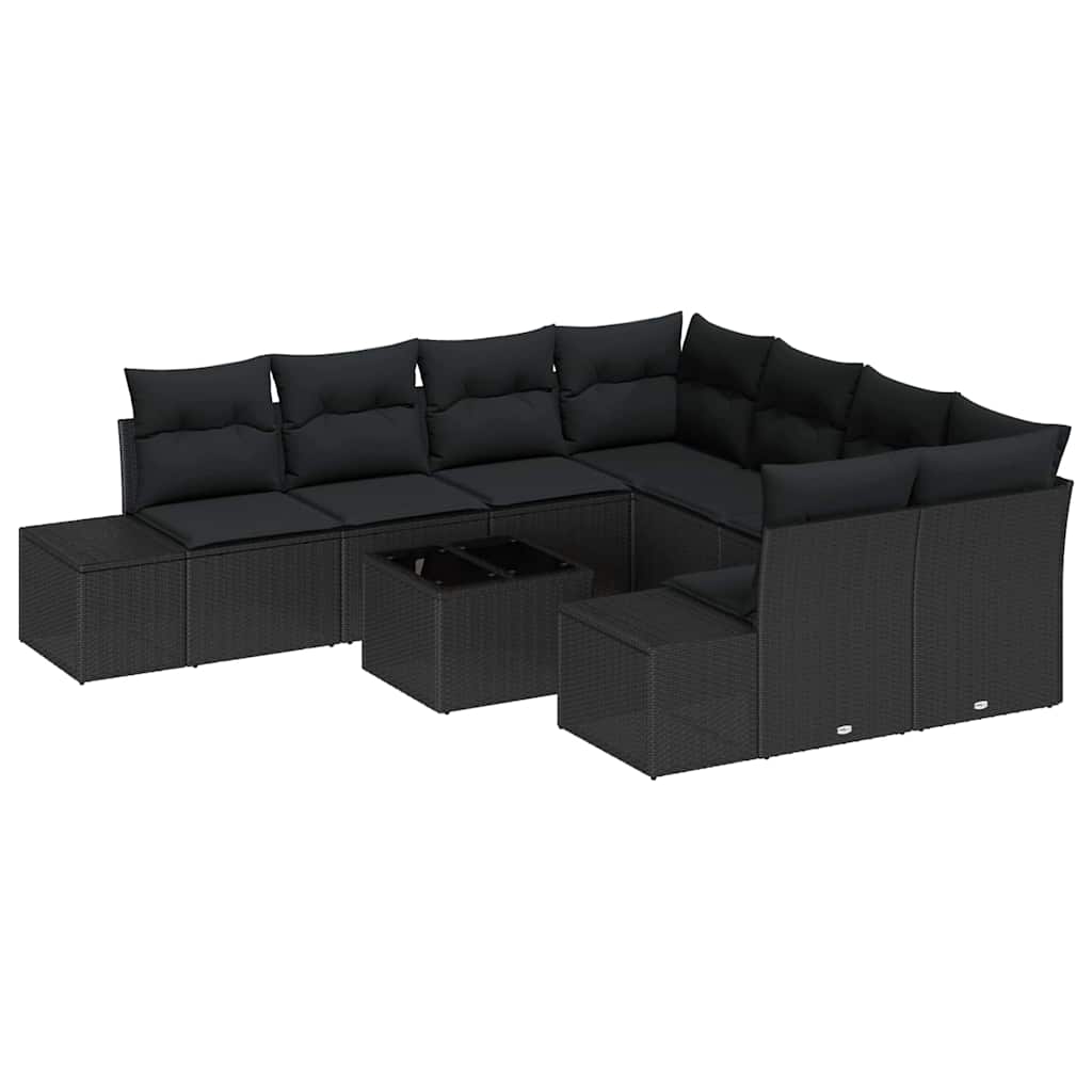 Conjunto de Sofá de Jardim com almofada 9 pcs Preto vime PE
