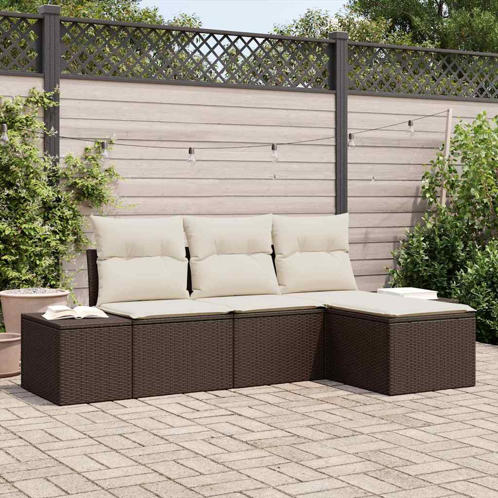 Conjunto de Sofá de Jardim com almofada 4 pcs Castanho vime PE