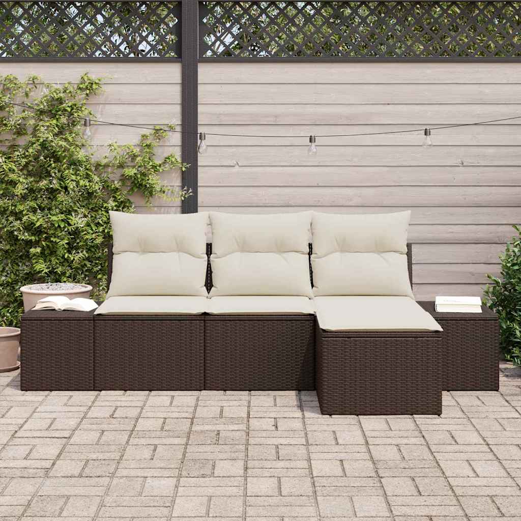Conjunto de Sofá de Jardim com almofada 4 pcs Castanho vime PE