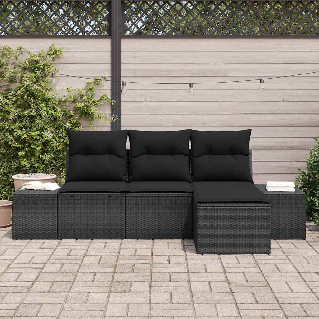Conjunto de Sofá de Jardim com almofada 4 pcs Preto vime PE