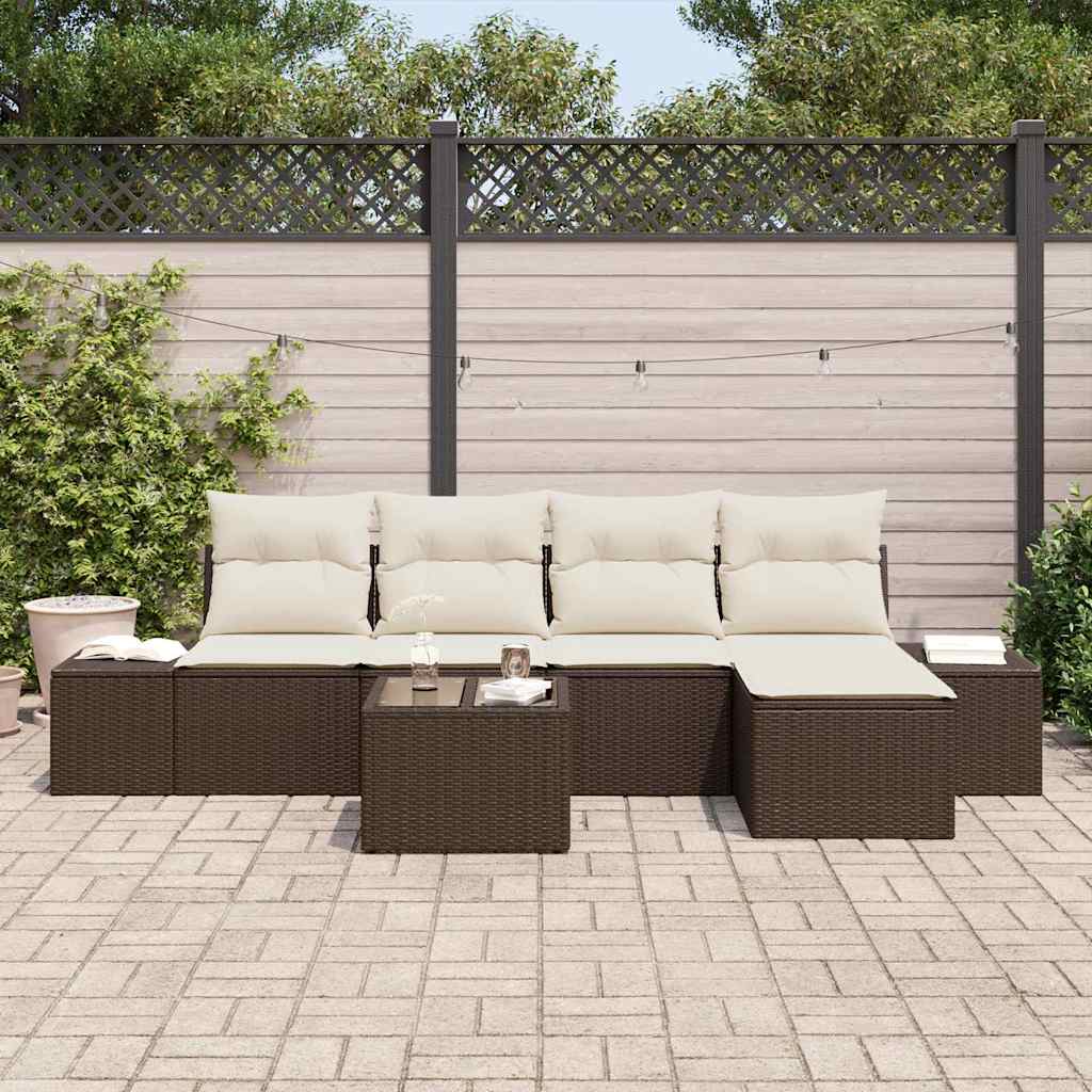Conjunto de Sofá de Jardim com almofada 6 pcs Castanho vime PE