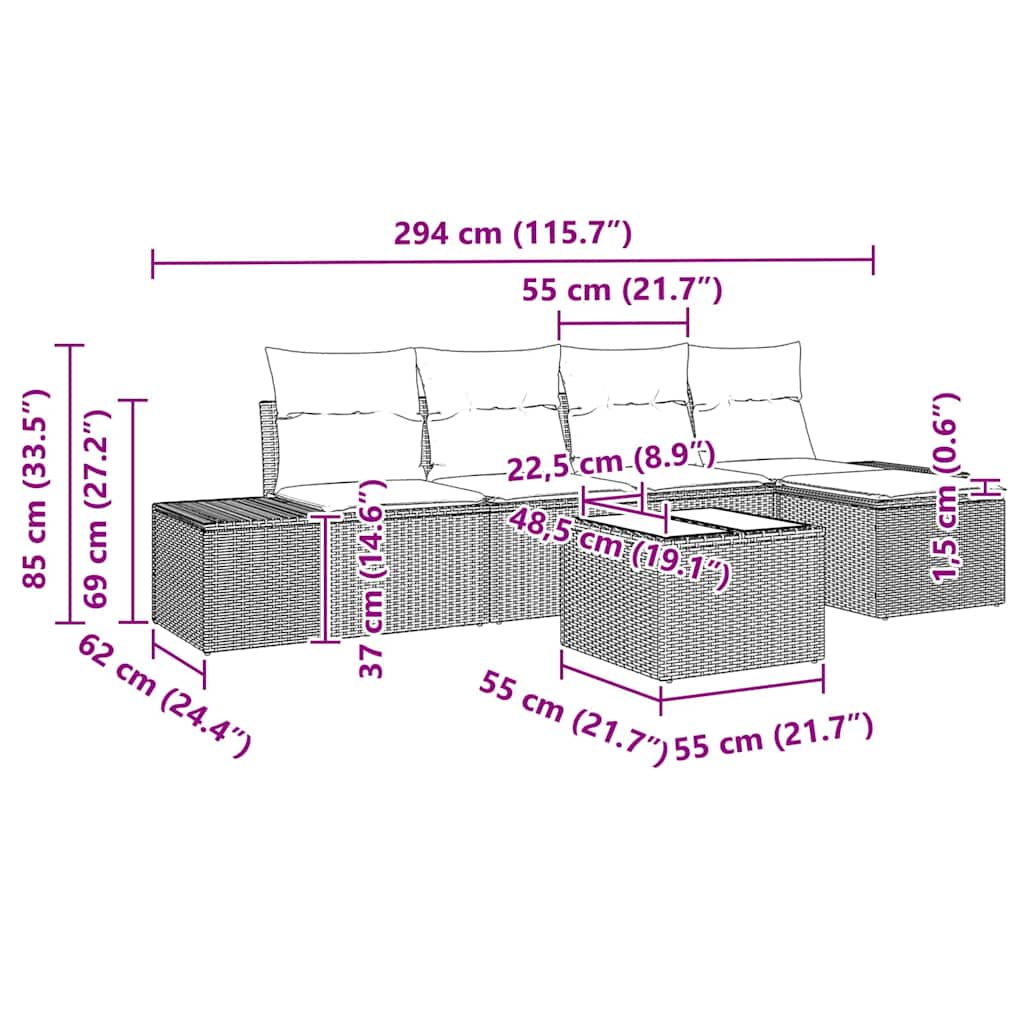Conjunto de Sofá de Jardim com almofada 6 pcs Bege vime PE