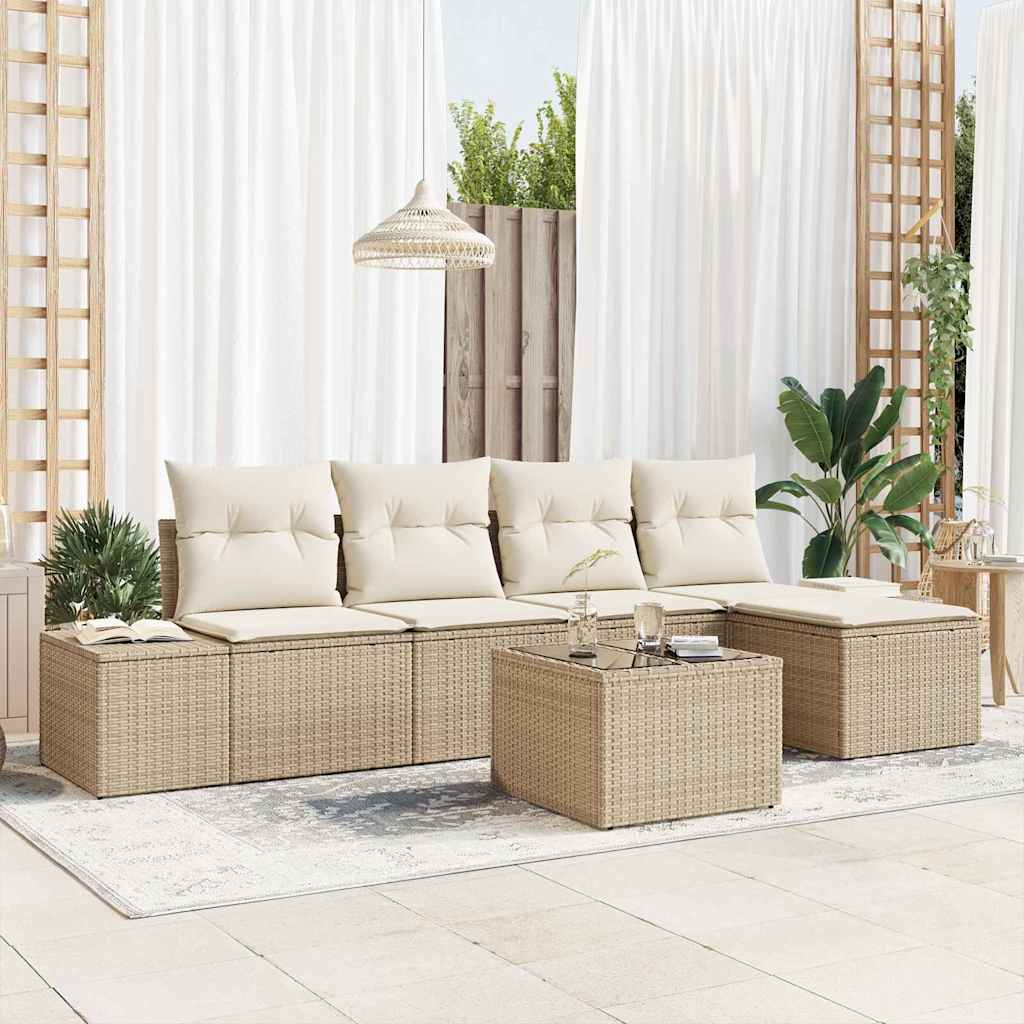 Conjunto de Sofá de Jardim com almofada 6 pcs Bege vime PE