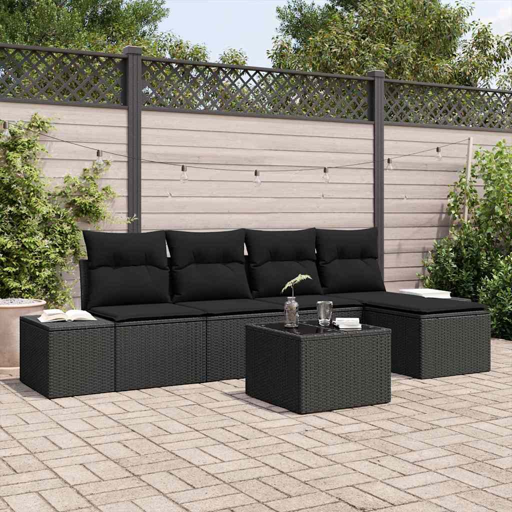 Conjunto de Sofá de Jardim com almofada 6 pcs Preto vime PE