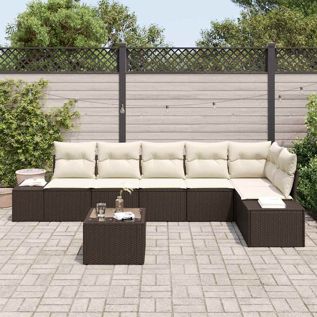 Conjunto de Sofá de Jardim 7 pcs Marrom e Creme vime PE