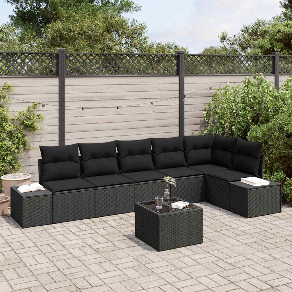 Conjunto de Sofá de Jardim com almofada 7 pcs Preto vime PE