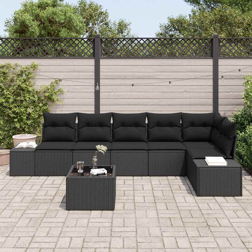 Conjunto de Sofá de Jardim com almofada 7 pcs Preto vime PE