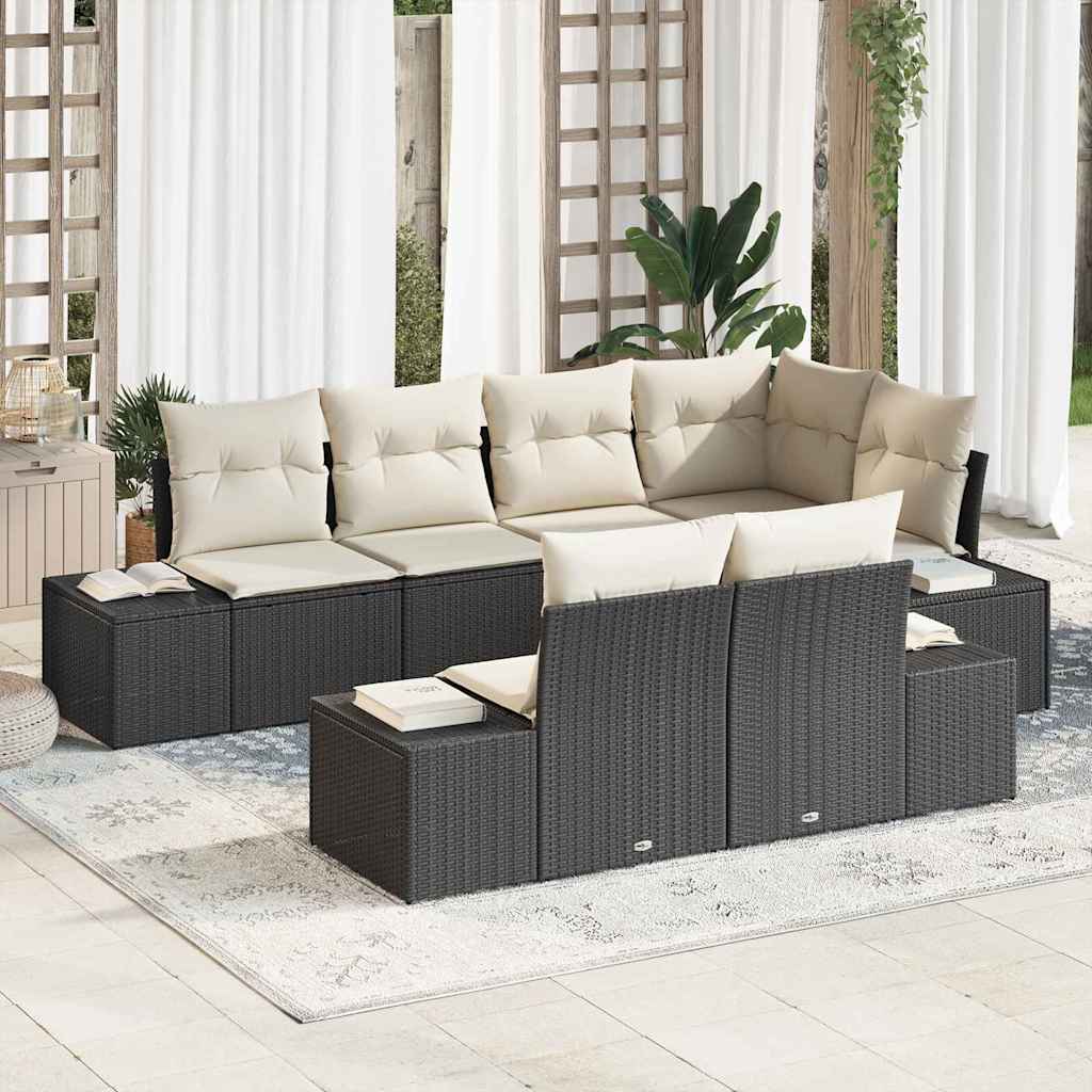 Conjunto de Sofá de Jardim 7 pcs Preto e Creme vime PE