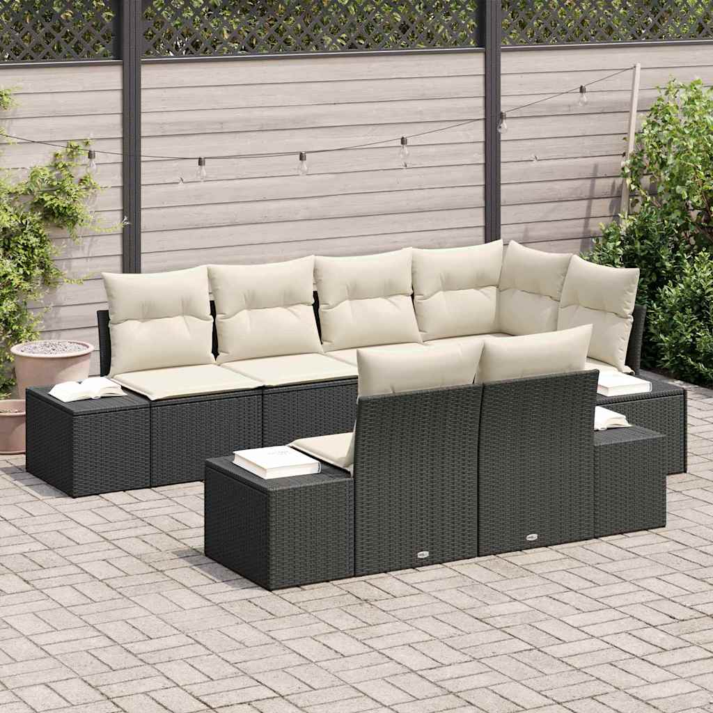 Conjunto de Sofá de Jardim 7 pcs Preto e Creme vime PE