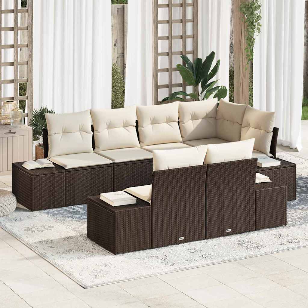 Conjunto de Sofá de Jardim com almofada 7 pcs Castanho e creme