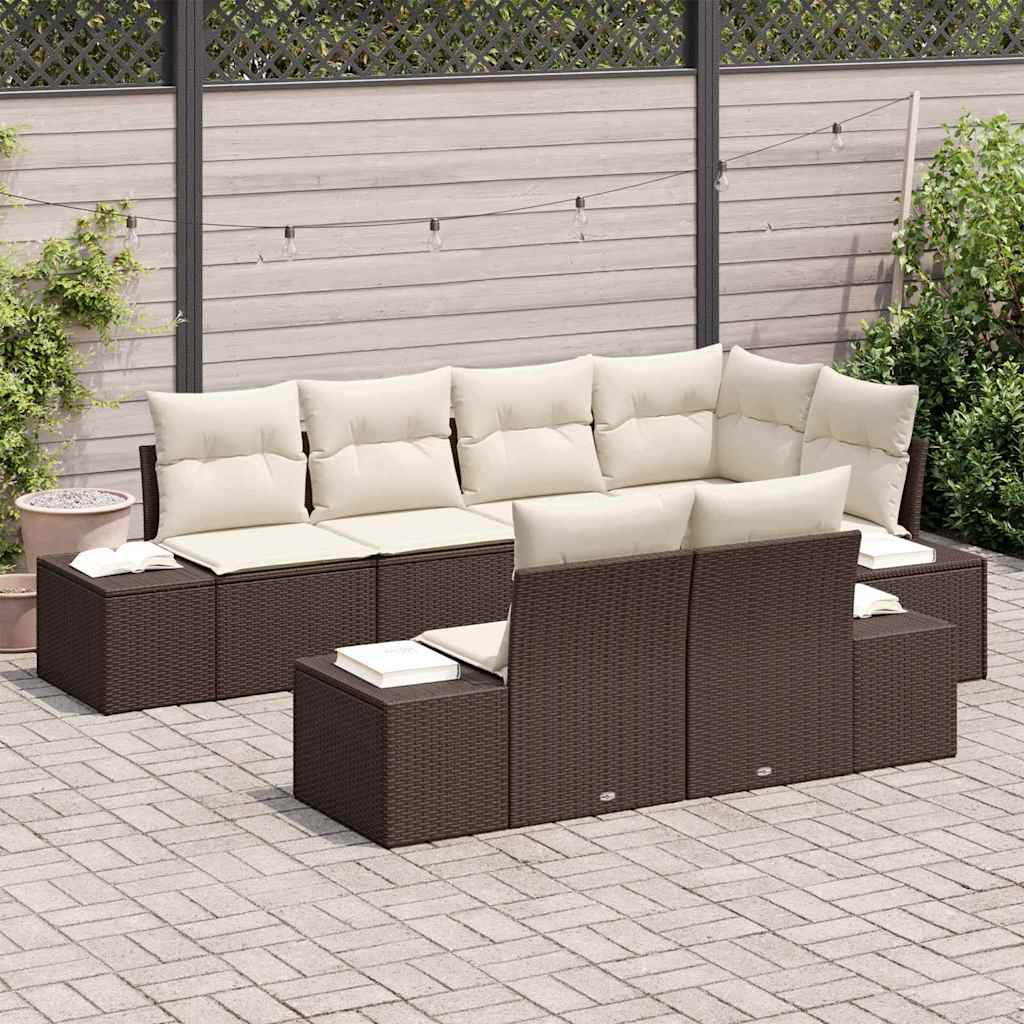 Conjunto de Sofá de Jardim com almofada 7 pcs Castanho e creme