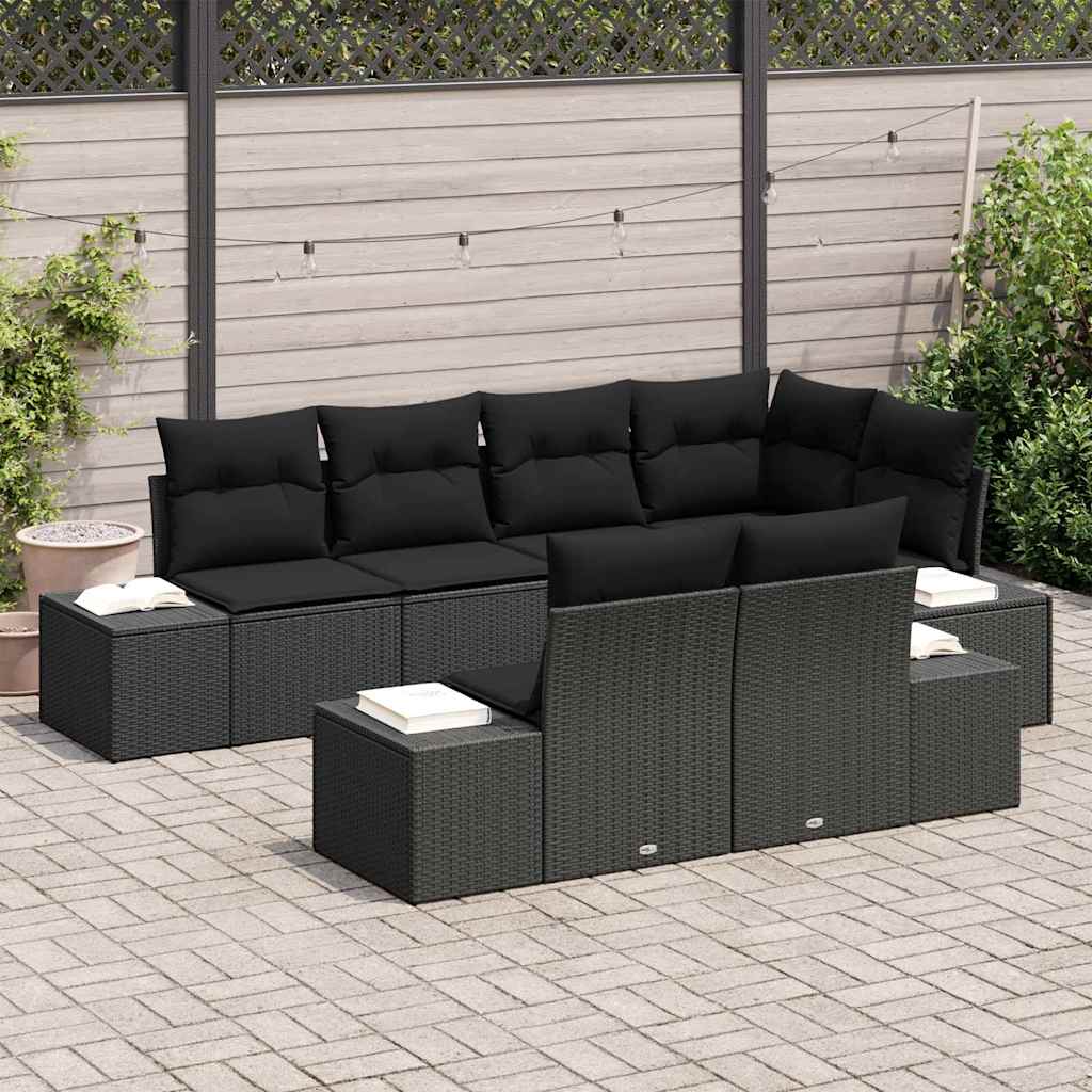 Conjunto de Sofá de Jardim com almofada 7 pcs Preto vime PE