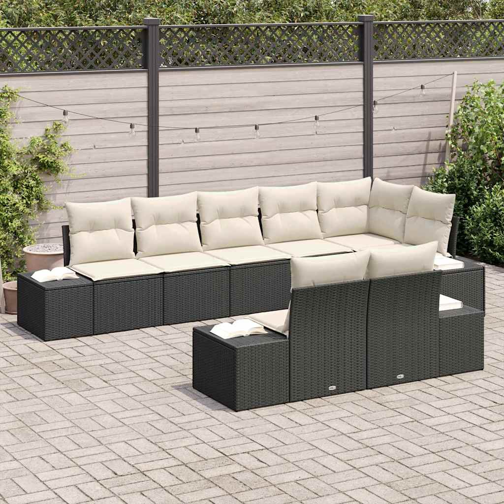 Conjunto de Sofá de Jardim 8 pcs Preto e Creme vime PE