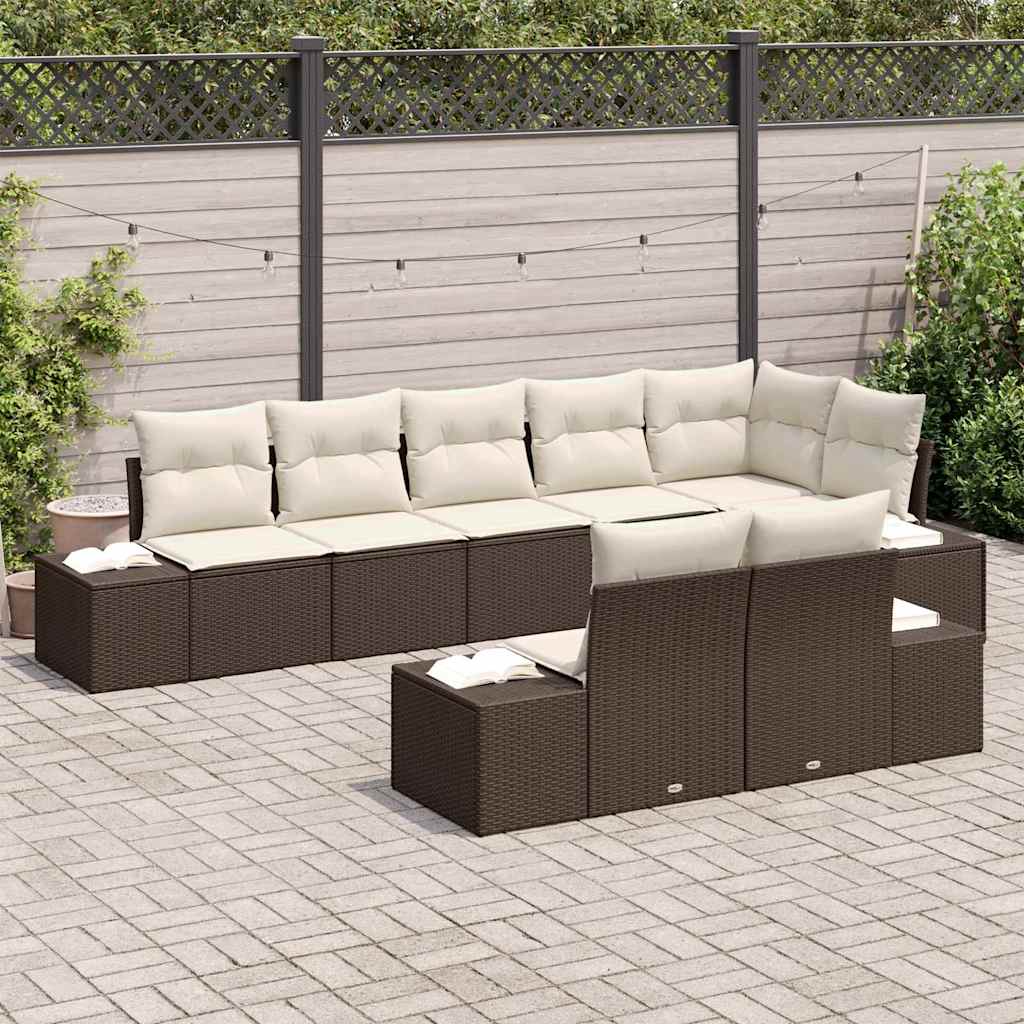 Conjunto de Sofá de Jardim 8 pcs Marrom e Creme vime PE