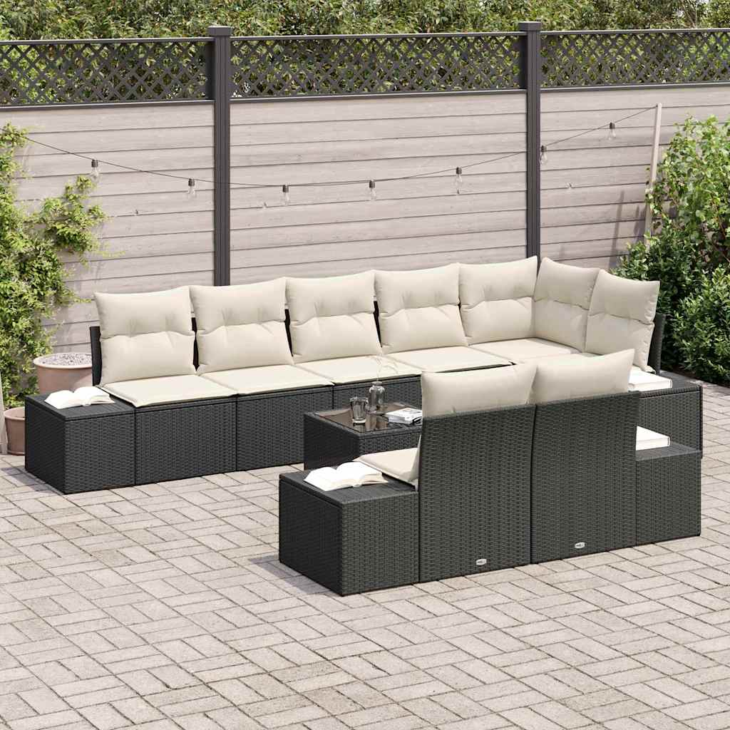 Conjunto de Sofá de Jardim 9 pcs Preto e Creme vime PE