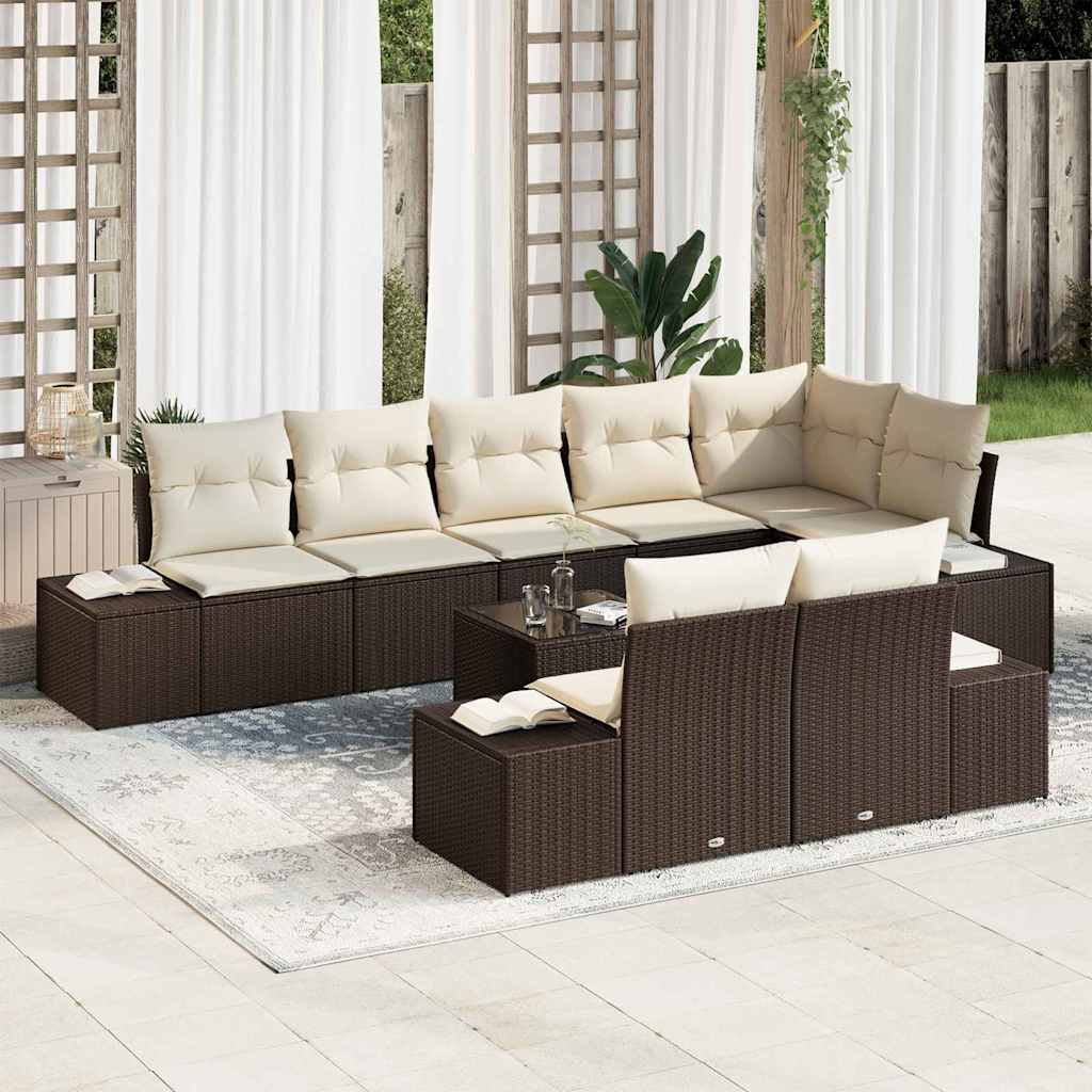 Conjunto de Sofá de Jardim 9 pcs Marrom e Creme vime PE