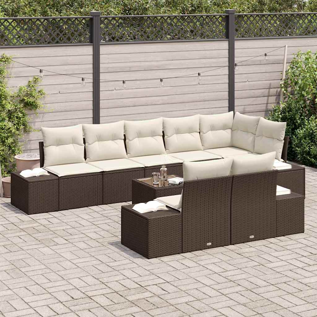Conjunto de Sofá de Jardim 9 pcs Marrom e Creme vime PE